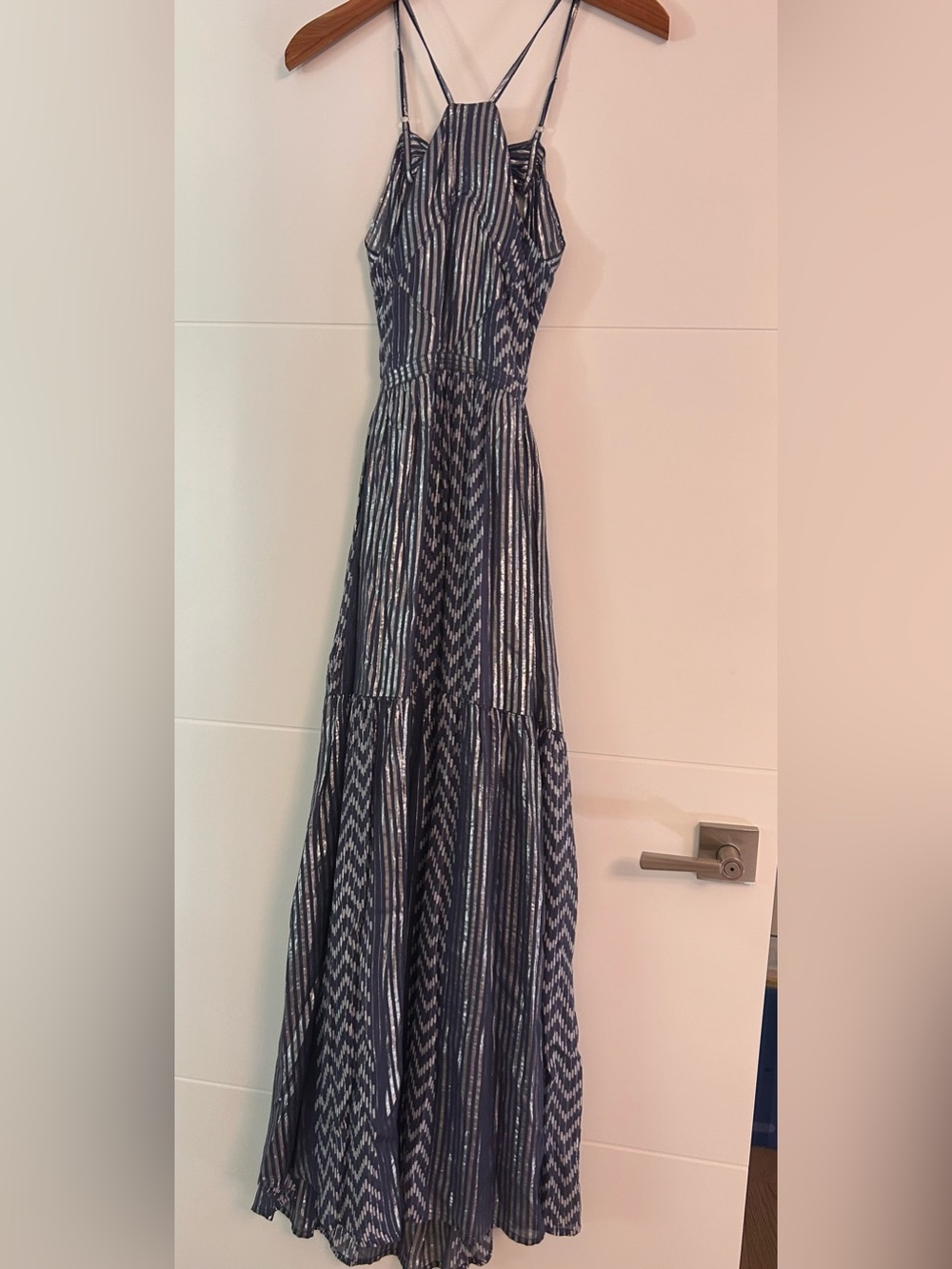 Anthropologie Navy and Silver Striped Maxi Dress
